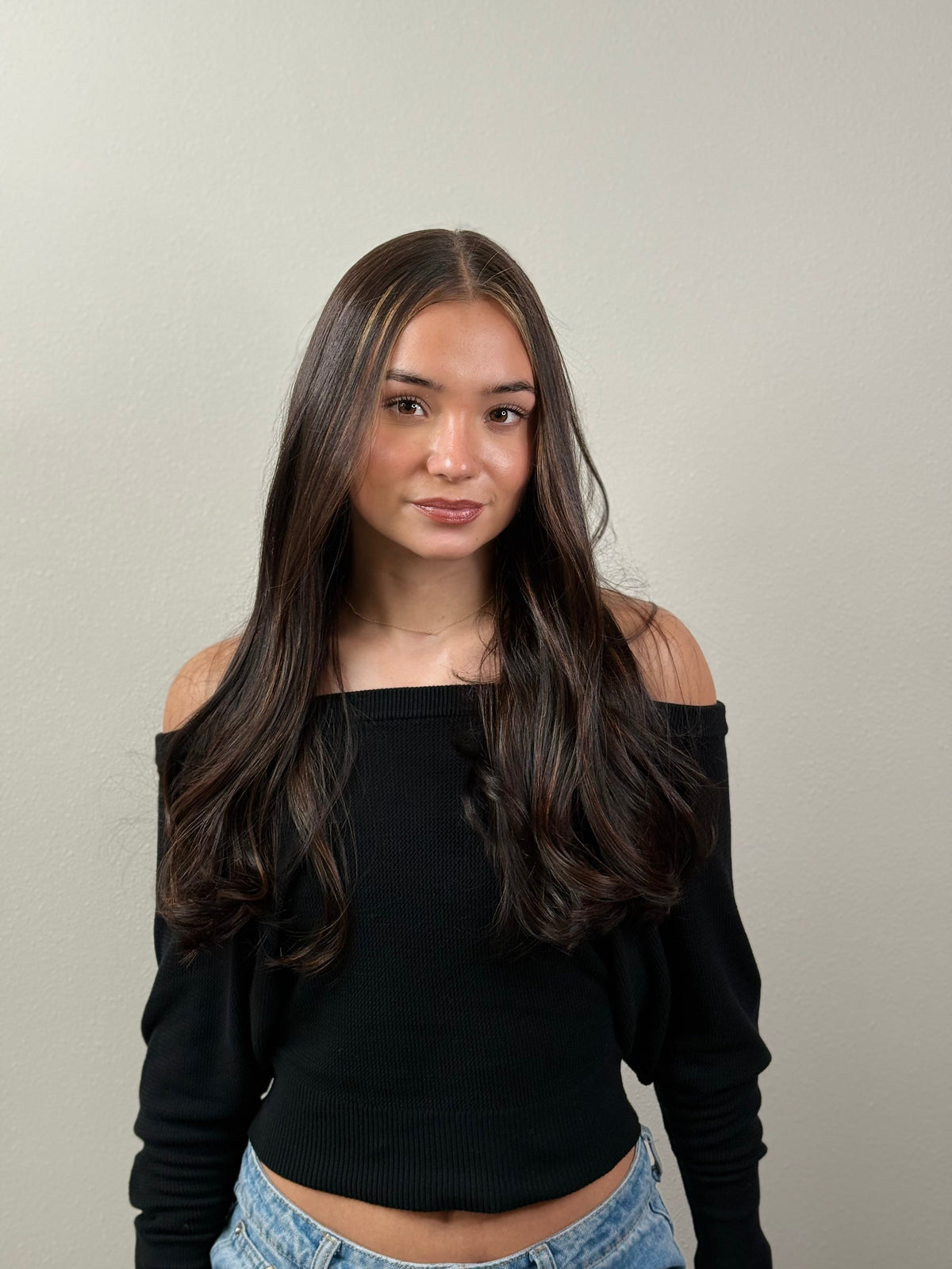 Warm brunette with soft caramel hidden highlights