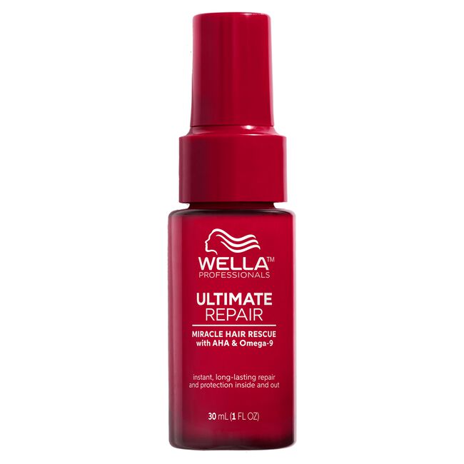 Red bottle of Wella Professionals Ultimate Repair Miracle Hair Rescue on a white background