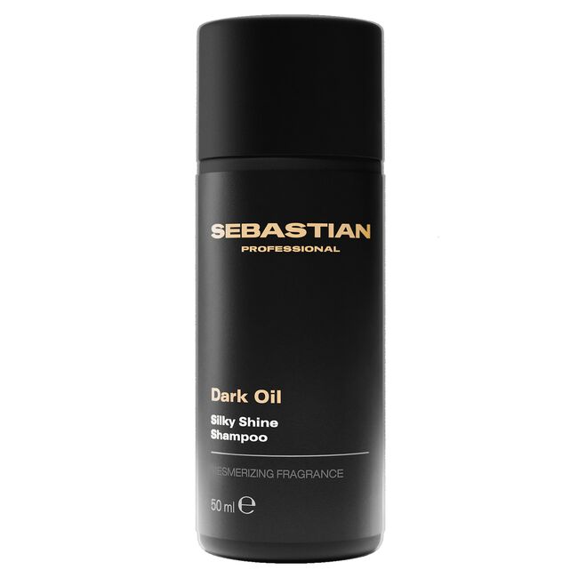 A black 50 ml bottle of Sebastian Dark Oil Silky Shine Shampoo on a white background