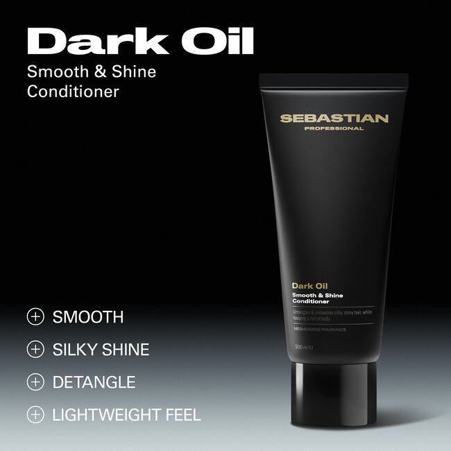 Sebastian Dark Oil Smooth & Shine Conditioner tube on a black background with product features listed.