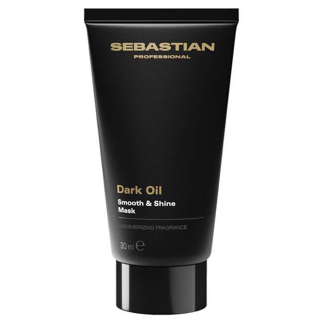 Sebastian Professional Dark Oil Smooth & Shine Mask in a matte black squeeze tube with gold and white text, set against a plain white background.