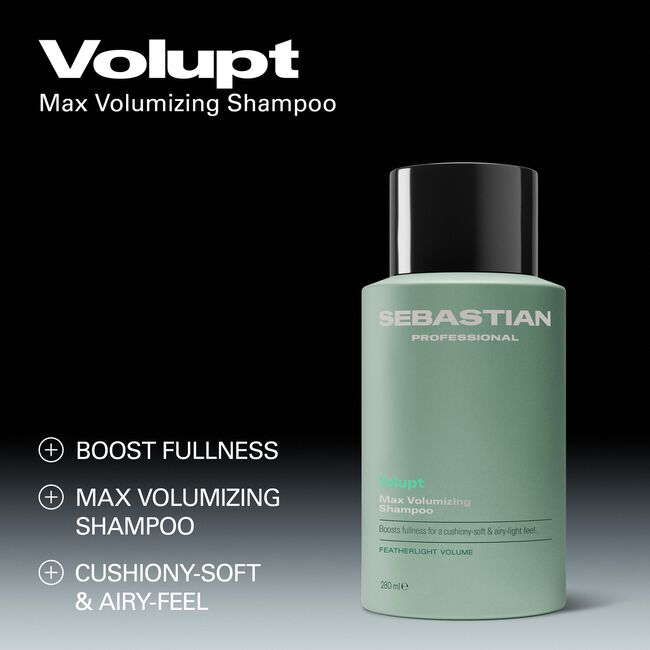Sebastian Professional Volupt Max Volumizing Shampoo in a matte sage green bottle with a black cap, set against a dark gradient background with promotional text on the left.