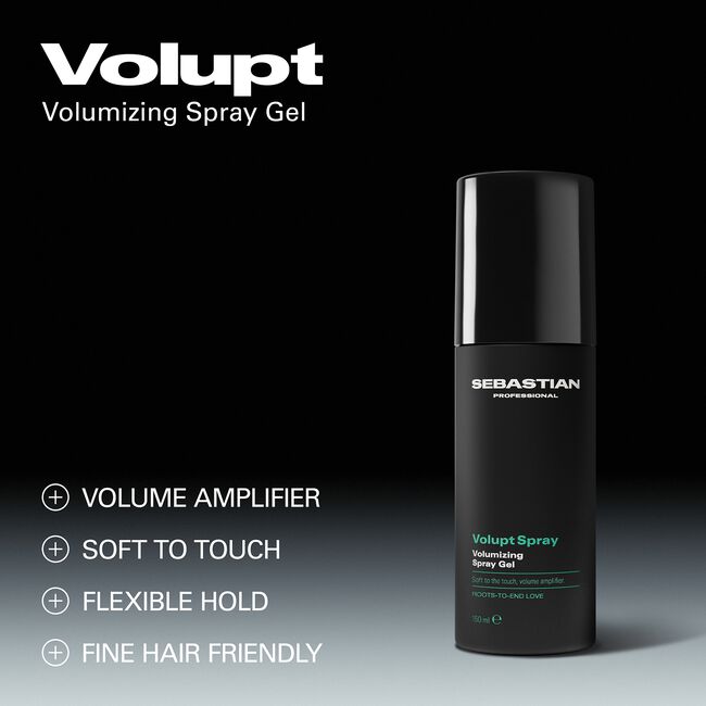 Sebastian Volupt Volumizing Spray Gel bottle on a black background with product text and feature callouts.