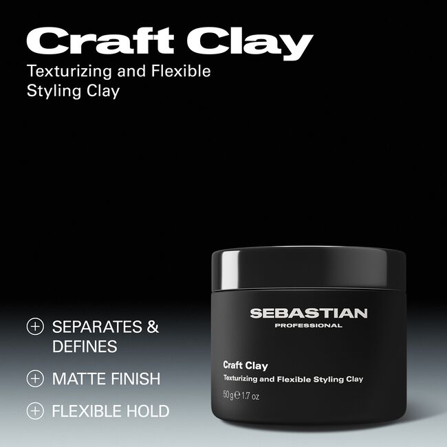 Sebastian Professional Craft Clay jar on a black background with product details.