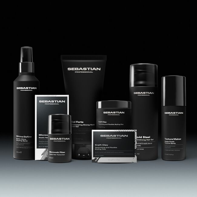 Collection of Sebastian hair products on a gradient background