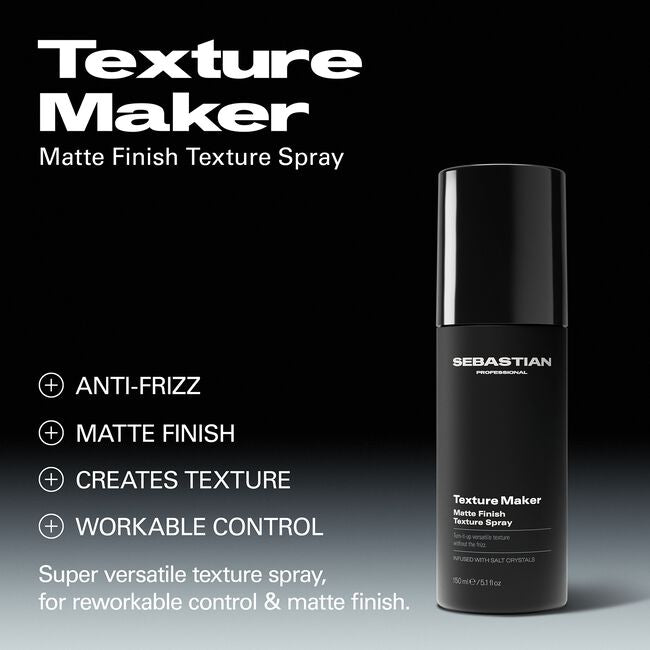 Sebastian Texture Maker spray bottle with product features on a black background