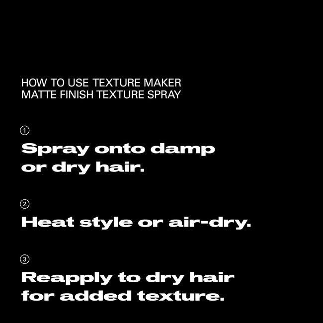 Instructions for using a texture maker spray on a black background
