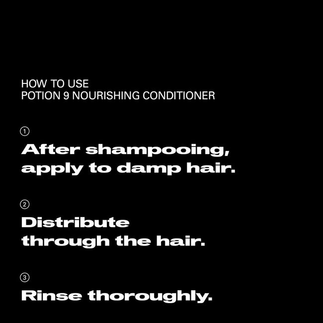 Instructions for using Potion 9 Nourishing Conditioner on a black background