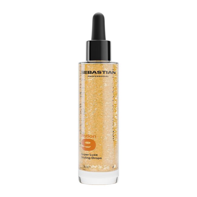 Sebastian Professional Cotion 9 Super Luxe Filling Drops in a clear cylindrical dropper bottle with a black pipette top, filled with golden gel and gold flakes, on a white background.