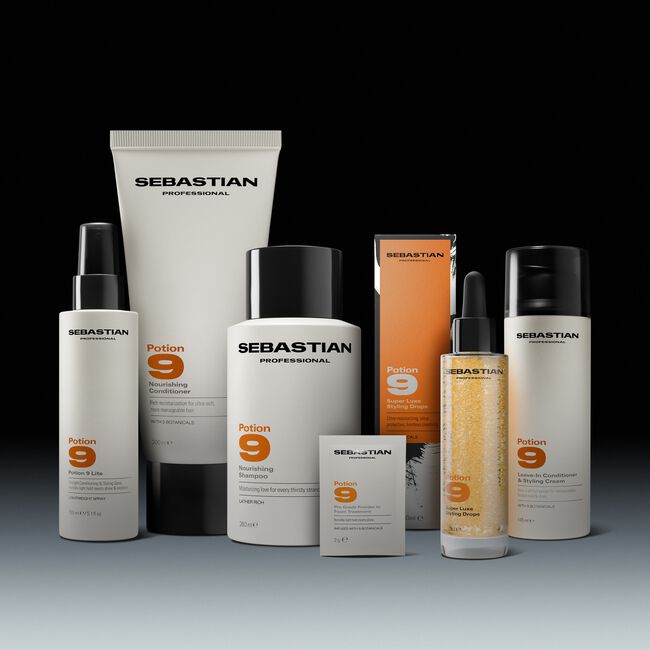 Collection of Sebastian Professional hair care products on a gradient background