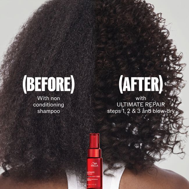 Before and after on dark curly hair: non-conditioning shampoo versus Wella Ultimate Repair steps 1, 2 and 3 with blow-dry