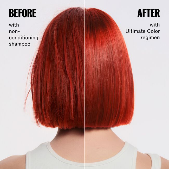 Before and after on a red bob: non-conditioning shampoo versus the Wella Ultimate Color regimen