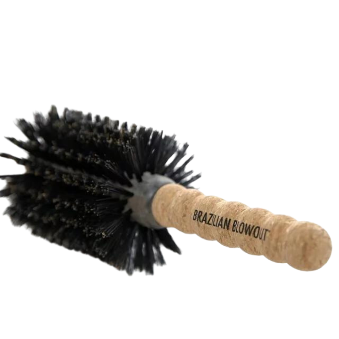 An elegant Brazilian Blowout Boar Bristle Hair Brush with a cork handle perfect for Brazilian Blowouts, set against a sleek black background.
