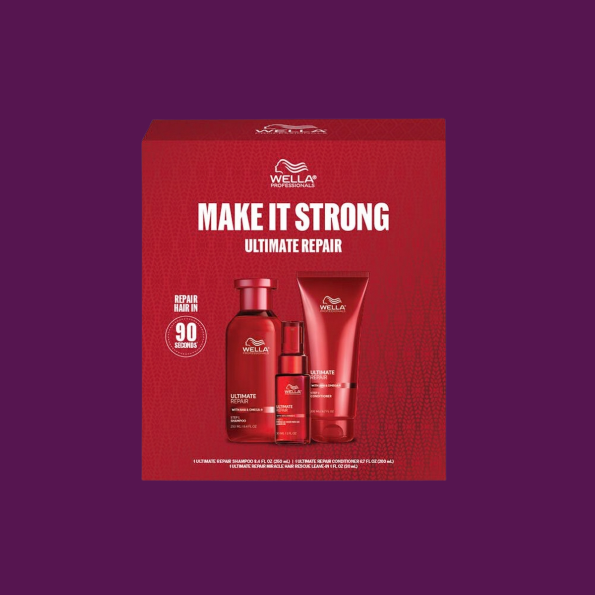 Wella Ultimate Repair Make It Strong Set red gift box with the shampoo, conditioner and Miracle Hair Rescue leave-in - repair hair in 90 seconds