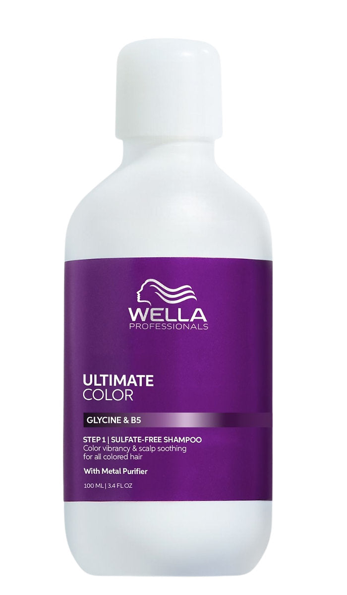 Wella Professionals Ultimate Color Glycine & B5 shampoo in a white plastic bottle with a prominent purple label.