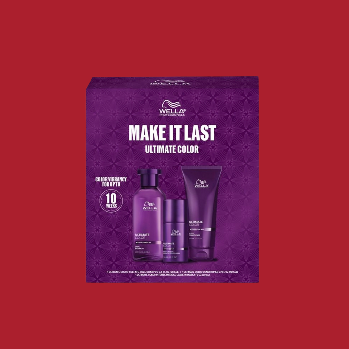Wella Ultimate Color Make It Last Set purple gift box with the sulfate-free shampoo, conditioner and Intense Miracle Leave-In Mask - color vibrancy for up to 10 weeks