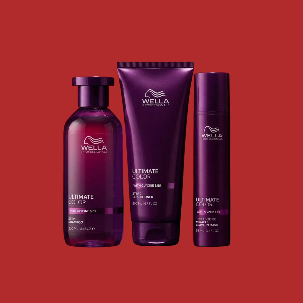 Wella Ultimate Color Trio: the 8.4 fl oz sulfate-free shampoo, 6.7 fl oz conditioner and 3.2 fl oz Intense Miracle Leave-In Mask in purple packaging, with Glycine and B5