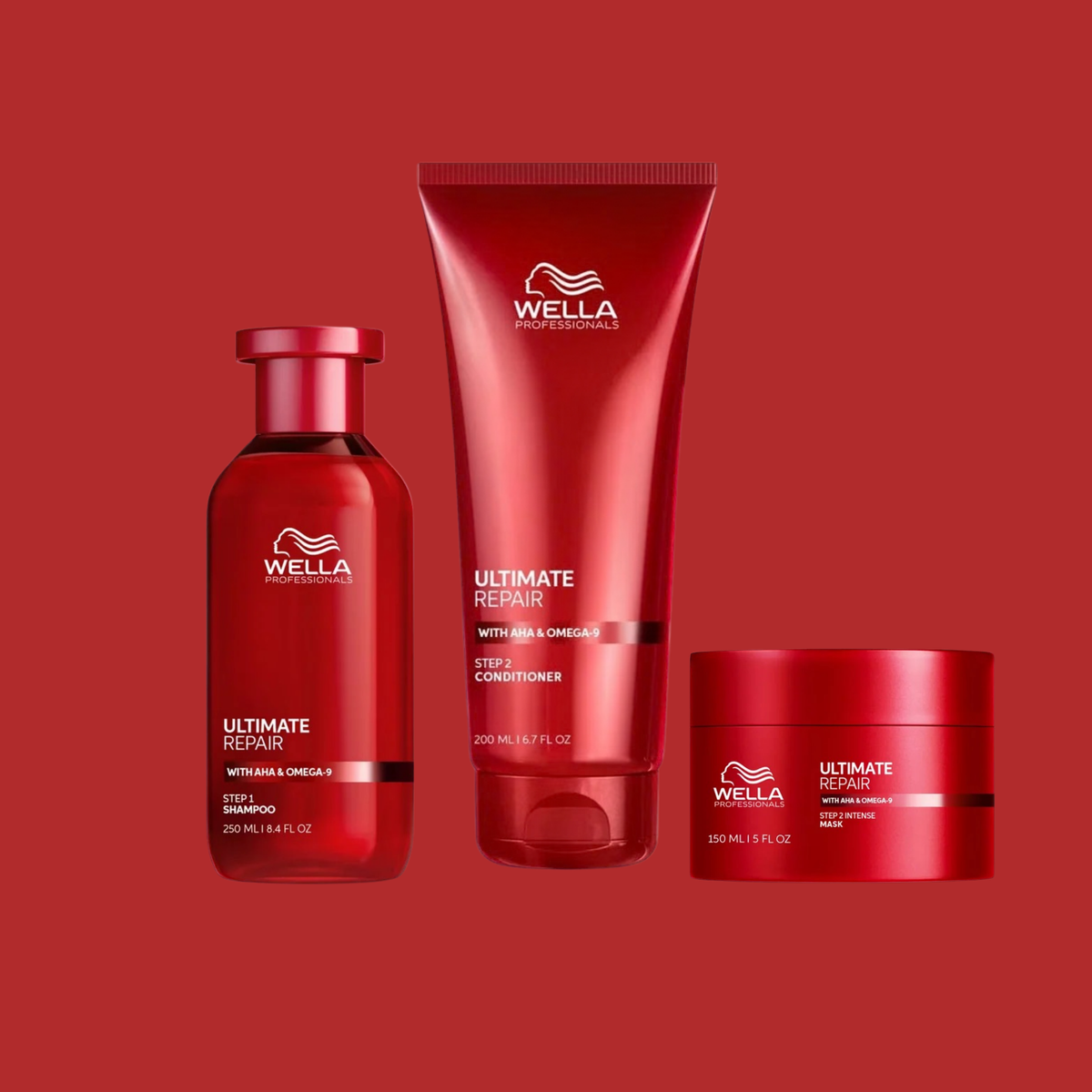 Wella Ultimate Repair Trio: the 8.4 fl oz shampoo, 6.7 fl oz conditioner and 5 fl oz intense mask in red packaging, with AHA and Omega-9