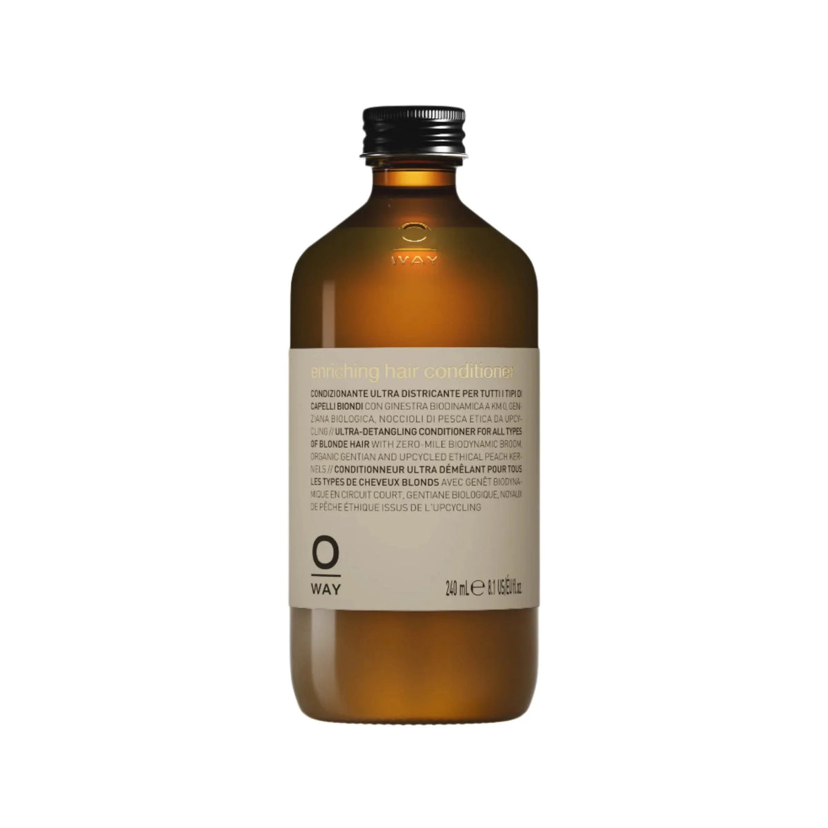 A 250 ml amber glass bottle of Wayway Hair Conditioner with a black cap and a beige label, shown against a plain white background.