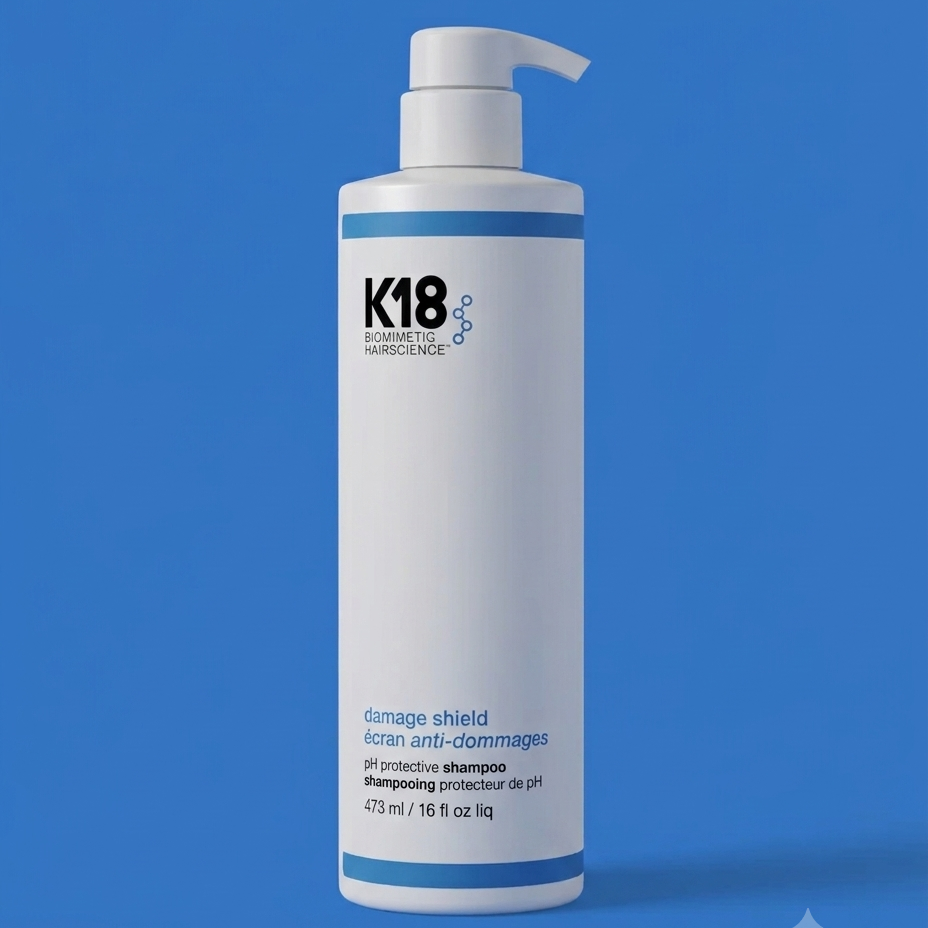 A white pump bottle of K18 Damage Shield Keratin Anti-Damage Shampoo with blue accents, set against a solid blue background.