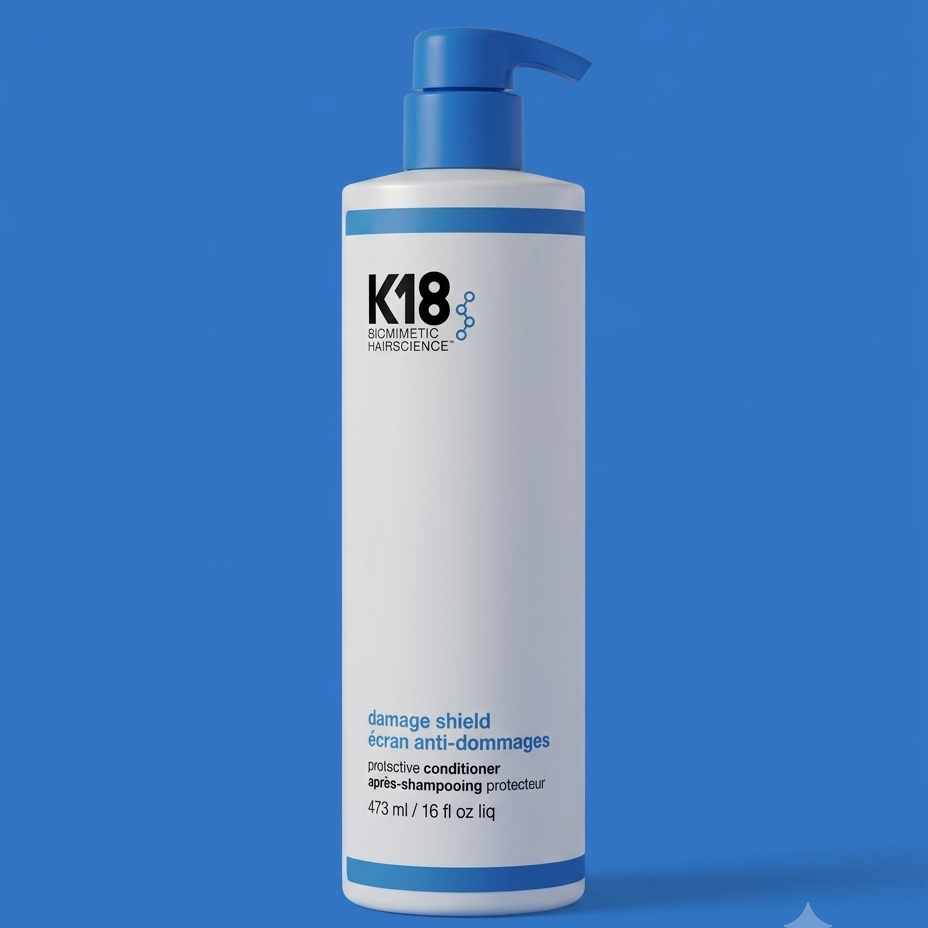 A bottle of K18 Restore Haircare Damage Shield reparative conditioner, featuring a white bottle with blue accents and a blue pump dispenser, set against a solid blue background.