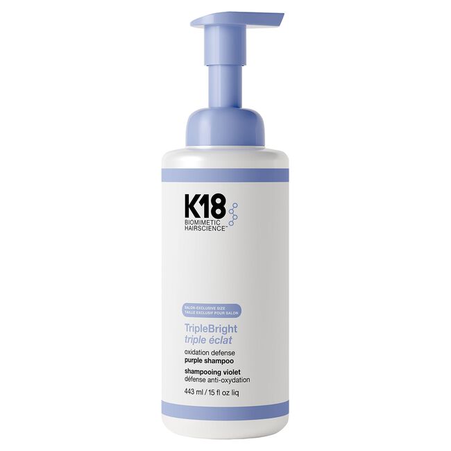 K18 TripleBright purple shampoo foam bottle, 15 fl oz size, on a white background