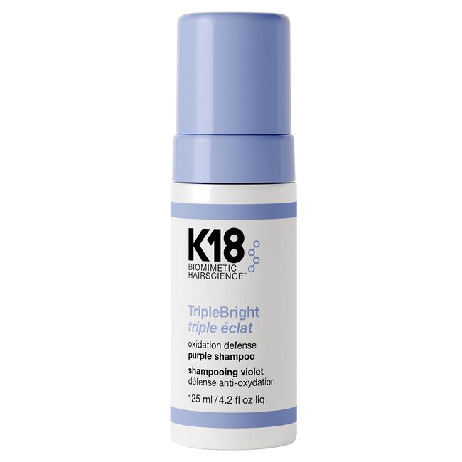 K18 TripleBright purple shampoo bottle on a white background