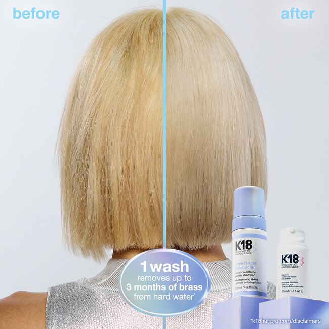 Before and after comparison of blonde hair with K18 product bottles displayed.
