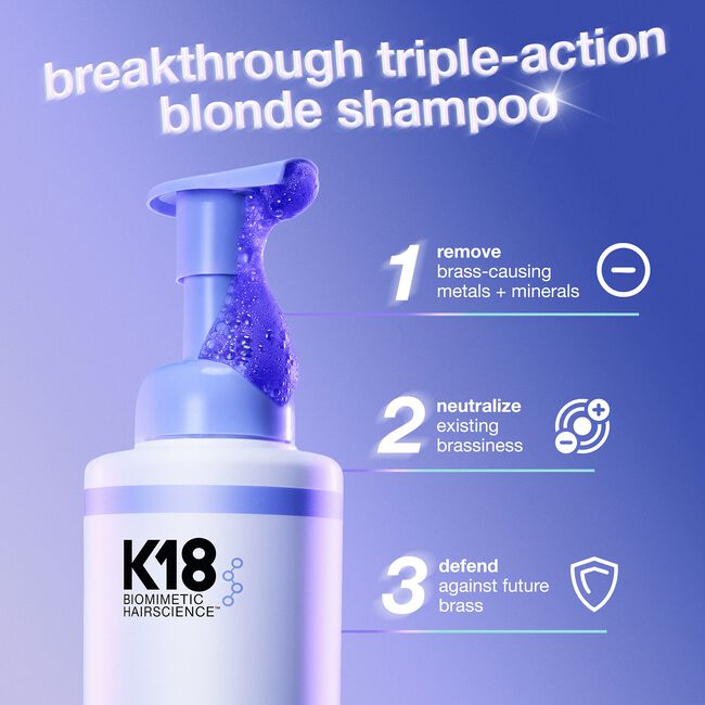 K18 blonde shampoo bottle with text on a blue background