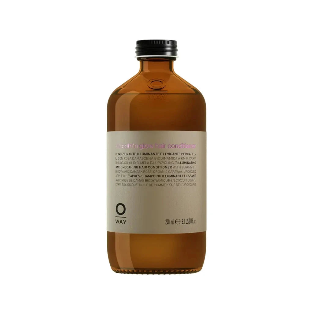 Brown bottle with a black cap on a white background of Oway Smooth'n Glow Hair Conditioner