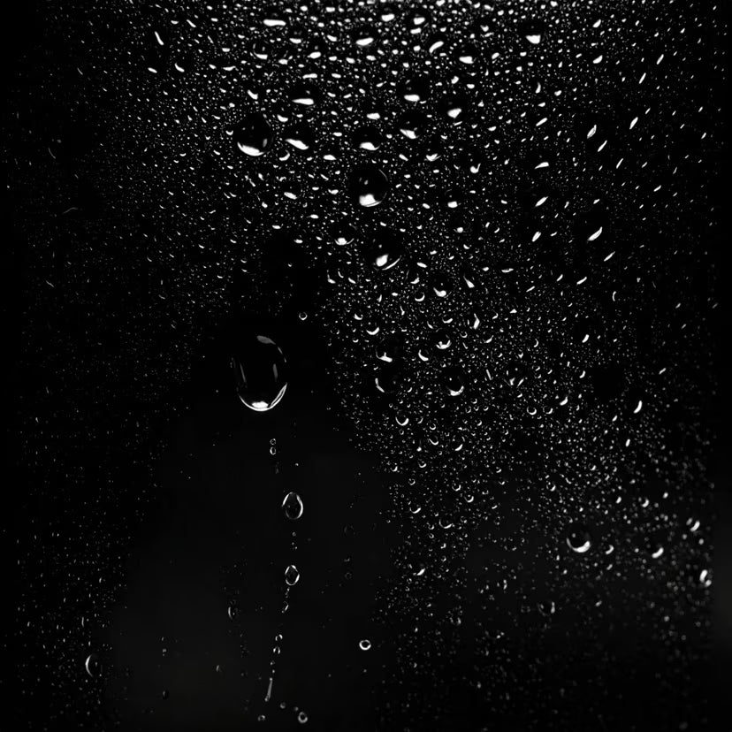 Close-up of Dark Oil Silkening Hair Mist droplets on a dark surface