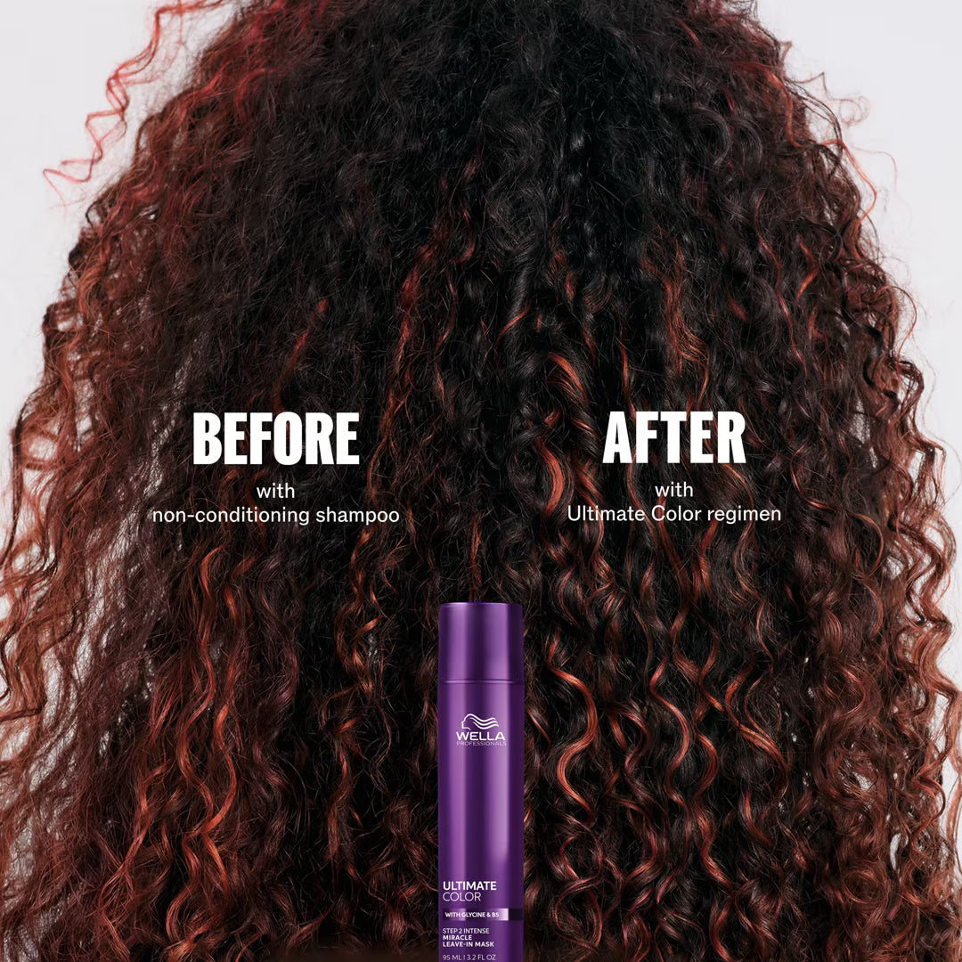 Before and after comparison of curly hair with Wella product shown.