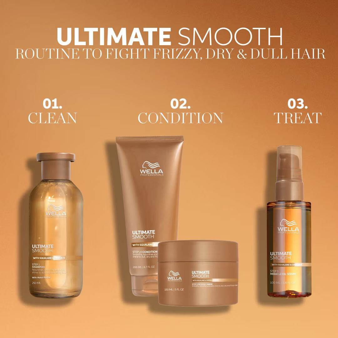 Wella hair care products for a 'Ultimate Smooth' routine on an orange background