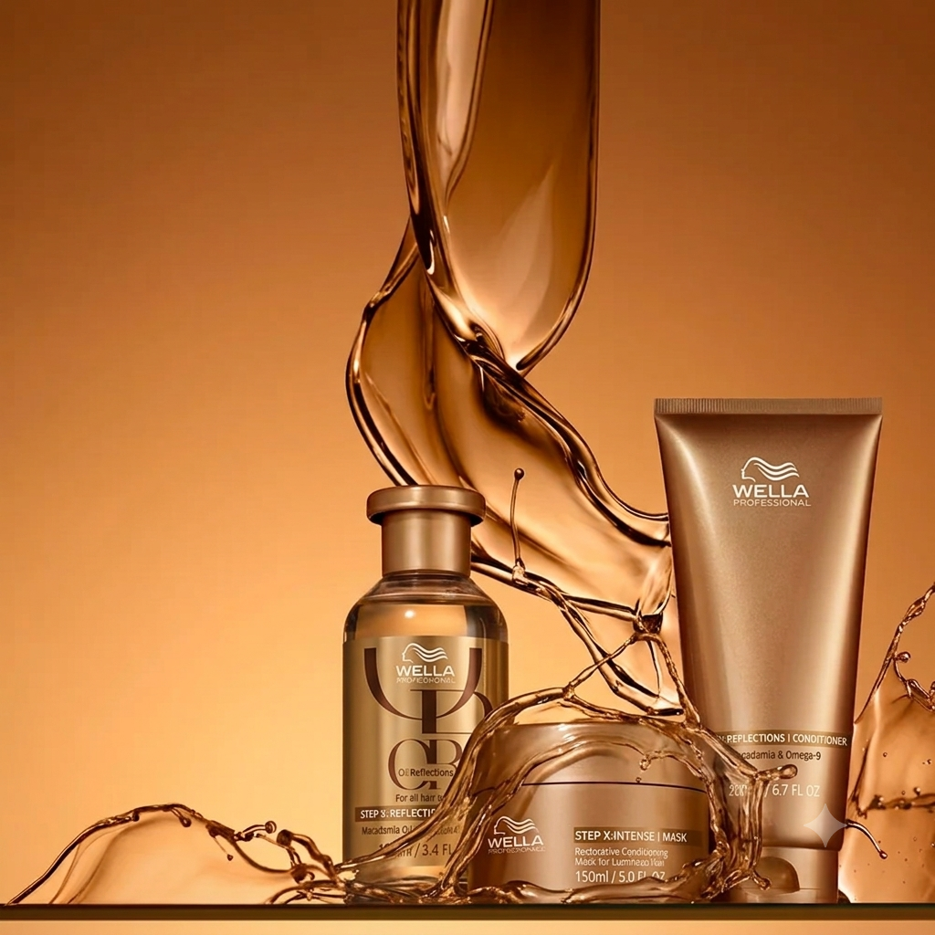 Wella Professionals hair care set featuring a bottle of Step 1 Keratin Treatment, a tube of Step 3 Keratin Treatment, and a jar of Step 4 Keratin Mask, styled with a glossy liquid splash on a warm bronze background.