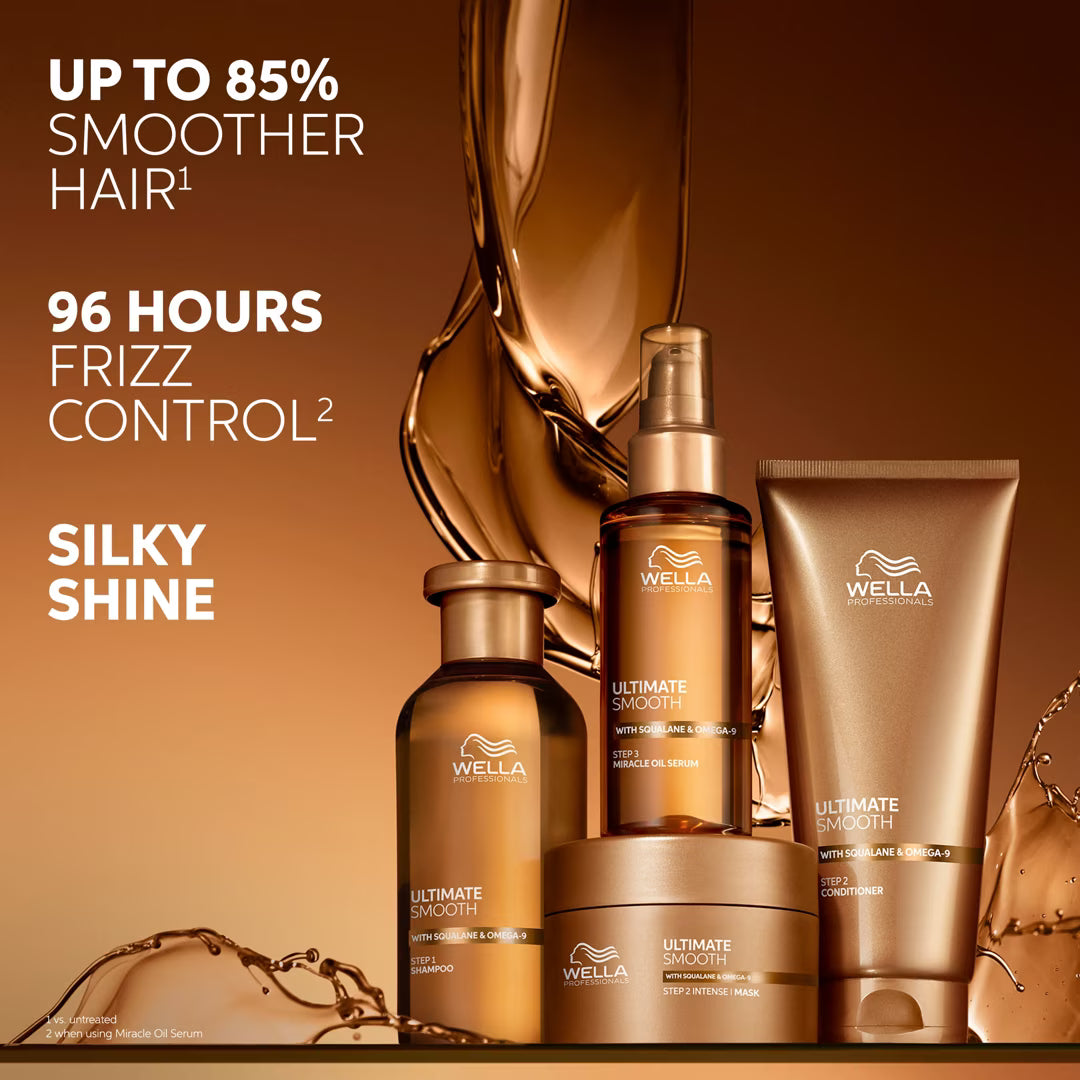 Wella hair care products with promotional text on a brown background