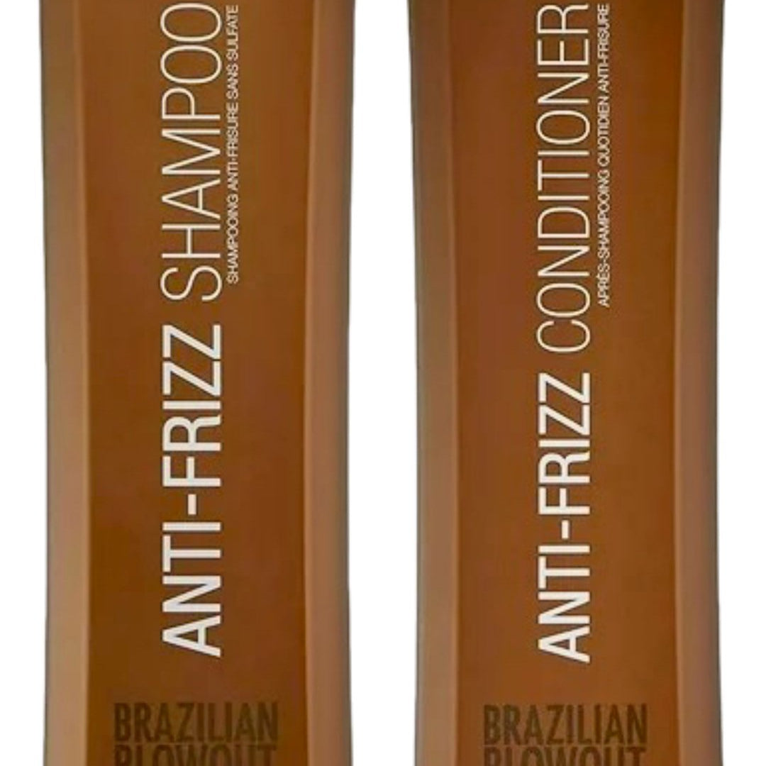 Two brown bottles labeled "Brazilian Blowout Anti-Frizz Shampoo" and "Brazilian Blowout Anti-Frizz Conditioner" from the Brazilian Blowout range, each containing 12 fl. oz. (350 ml), promise a sleek, smooth finish with their nourishing conditioner and effective shampoo formula.