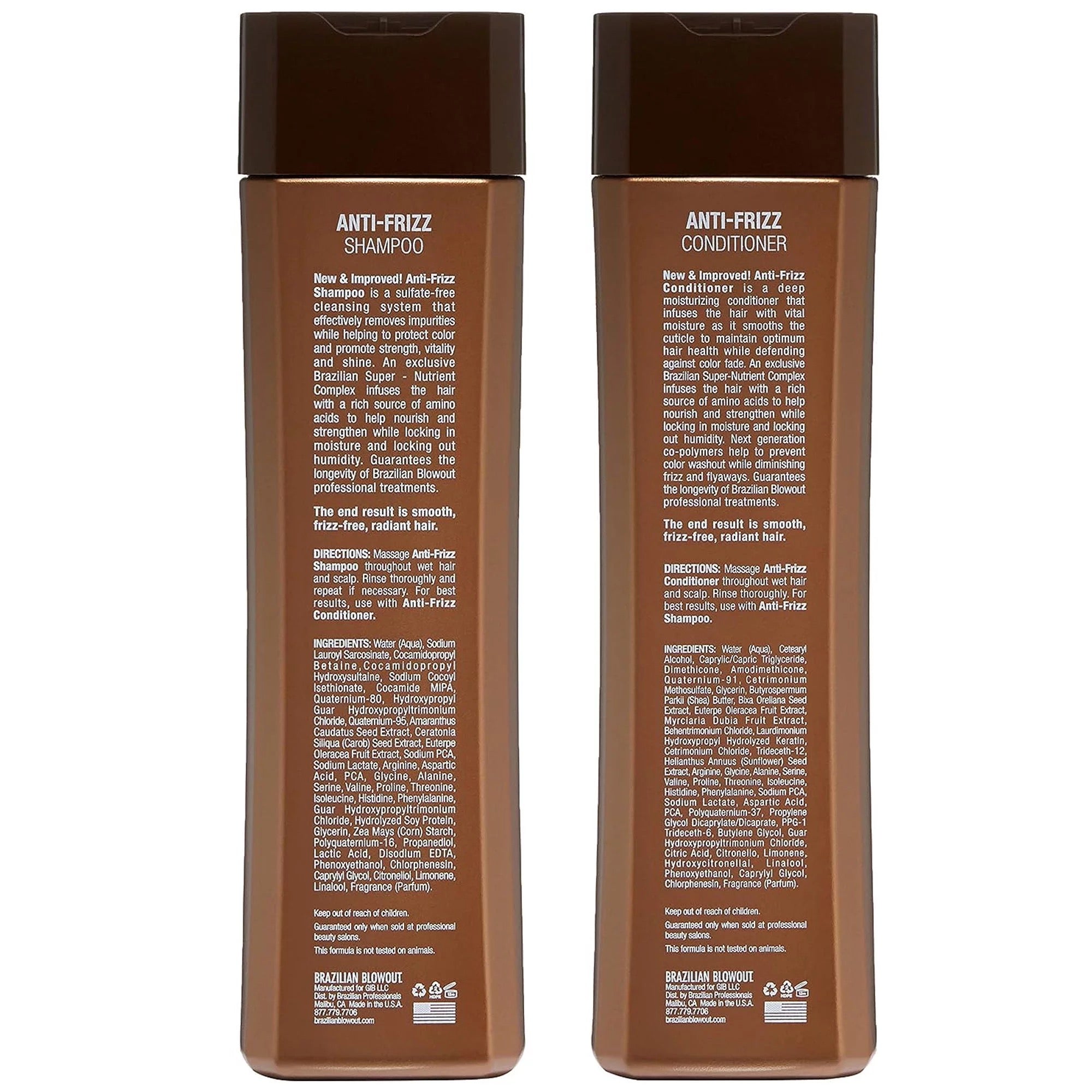 Two brown bottles of sulfate-free, anti-frizz hair products: one Brazilian Blowout Anti-Frizz Shampoo and one Brazilian Blowout Anti-Frizz Conditioner. Both bottles boast white text descriptions and instructions on the back, promising the sleek results of a Brazilian Blowout.