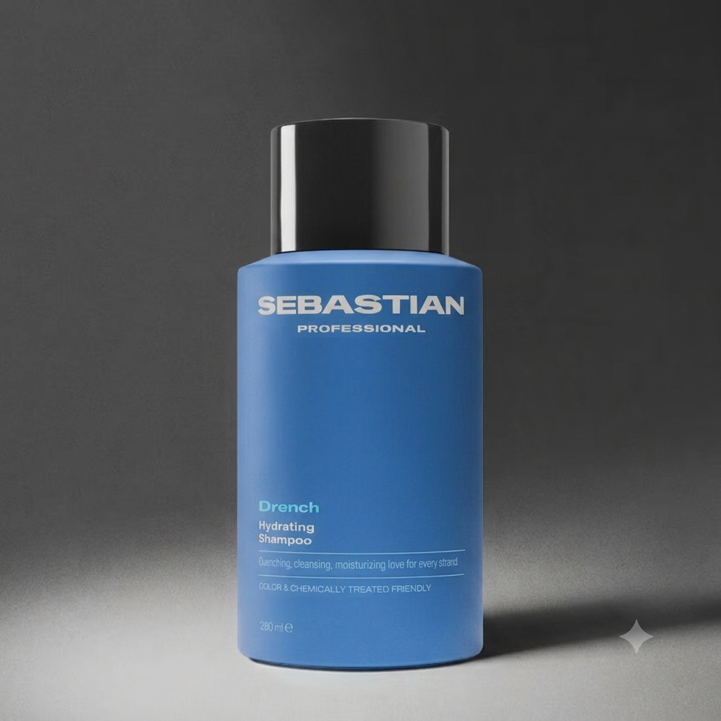 A blue bottle of Sebastian Professional Drench Hydrating Shampoo with a black cap, set against a dark gray gradient background.