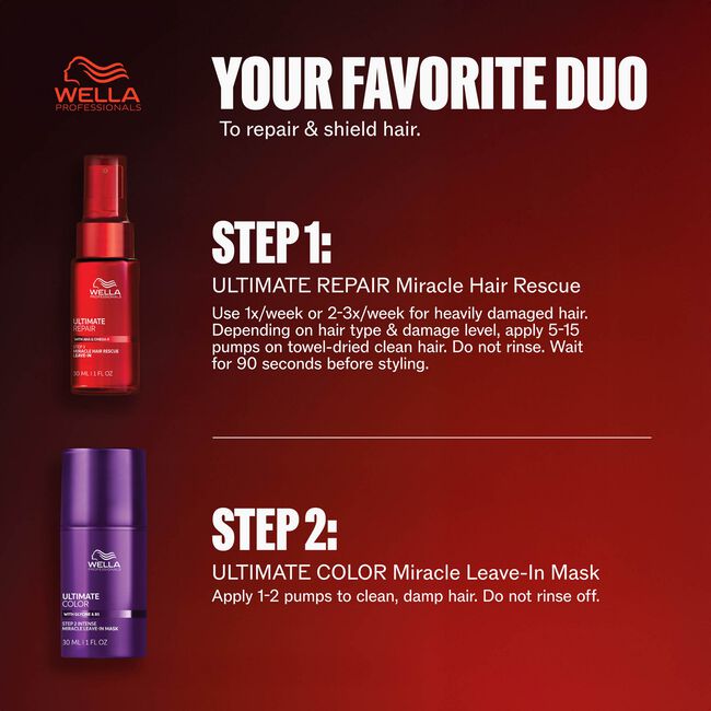 Wella Professionals promotional graphic for a hair repair and color duo, showing a red Ultimate Repair Miracle Hair Rescue bottle and a purple Ultimate Color Miracle Leave-In Mask bottle with step-by-step usage text on a dark red background.