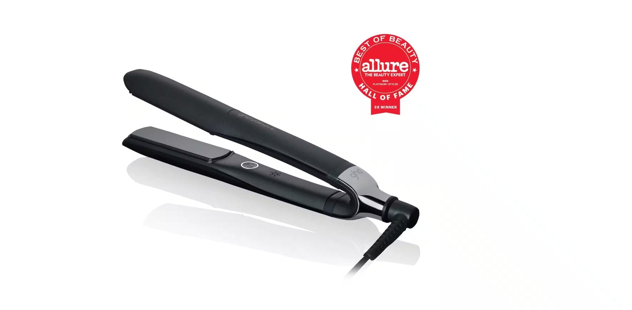 The GHD PLATINUM+ STYLER - 1" FLAT IRON is shown beside an Allure Best of Beauty Hall of Fame award badge, both set against a white background.