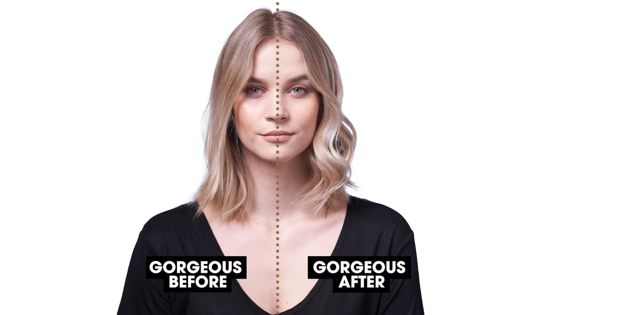 A woman with blonde hair faces forward. A dotted line splits the image into "Gorgeous Before" and "Gorgeous After," highlighting Hollywood waves styled with the GHD CLASSIC WAVE - OVAL CURLING WAND by GHD.