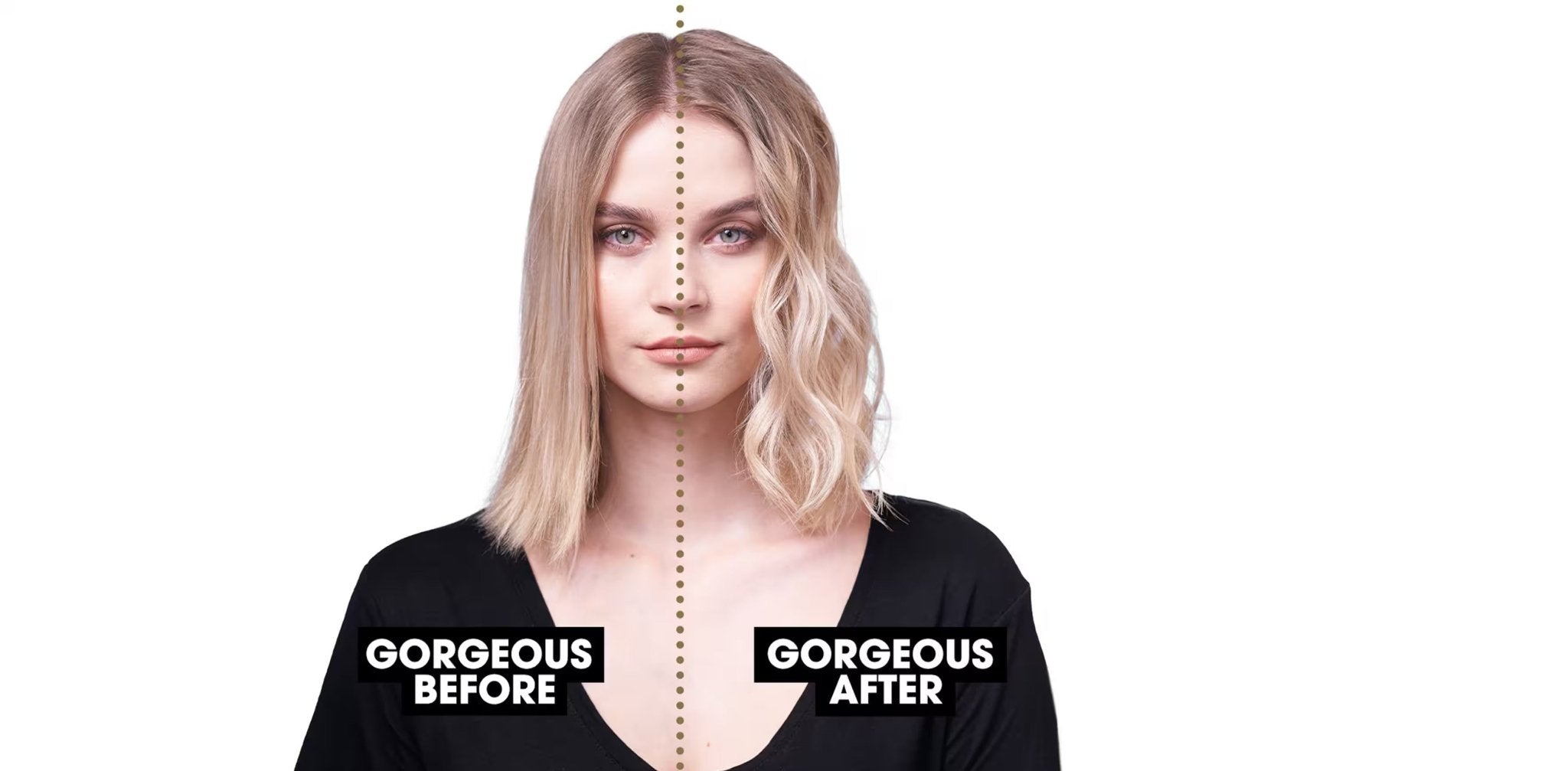 A woman faces the camera with center-parted hair: the left side is straight and labeled "Gorgeous Before," while the right side features beachy waves created using the GHD CREATIVE CURL - TAPERED CURLING WAND IN BLACK by GHD, labeled "Gorgeous After.