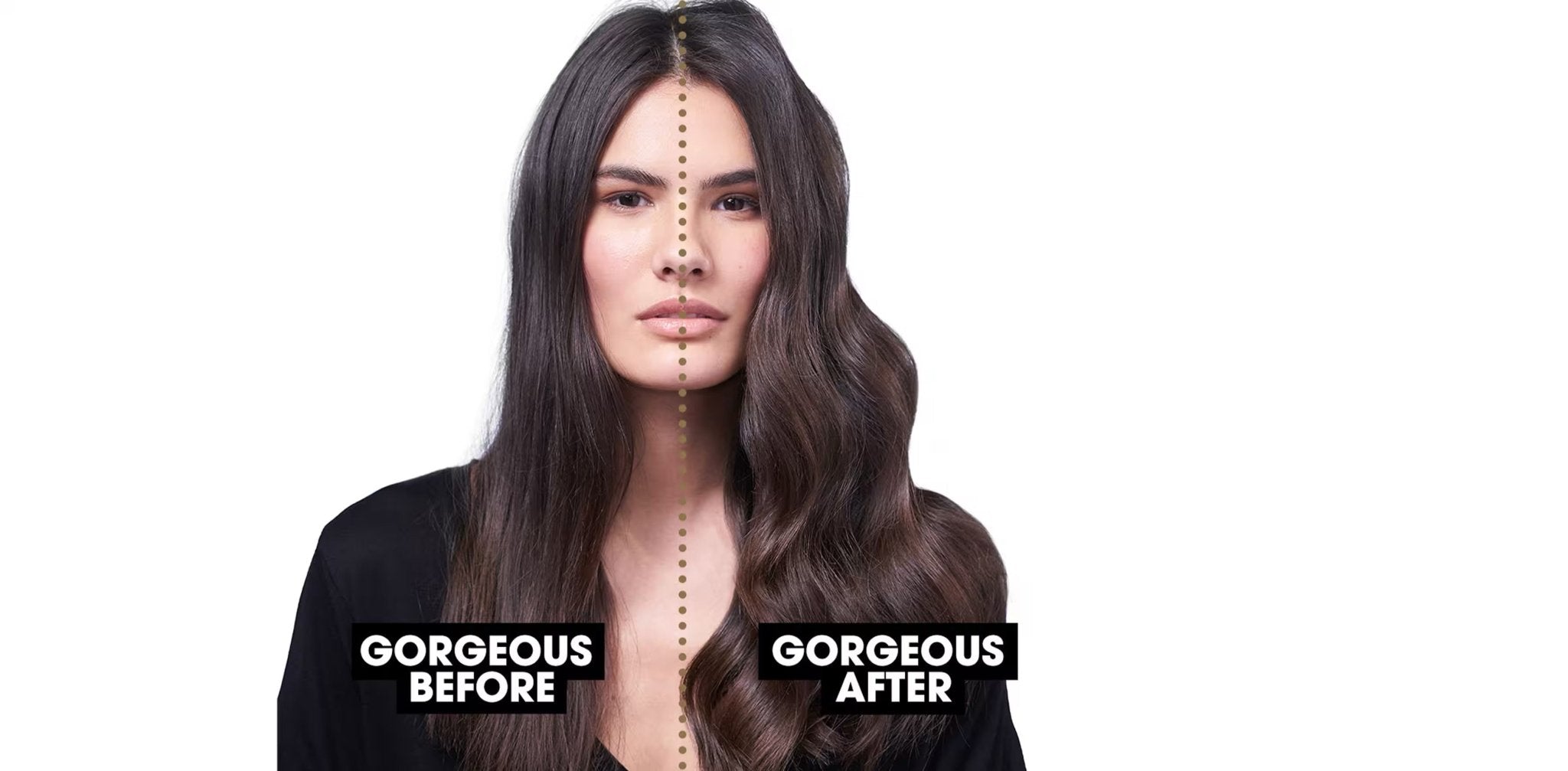 Woman with 'Gorgeous Before' and 'Gorgeous After' labels on a white background