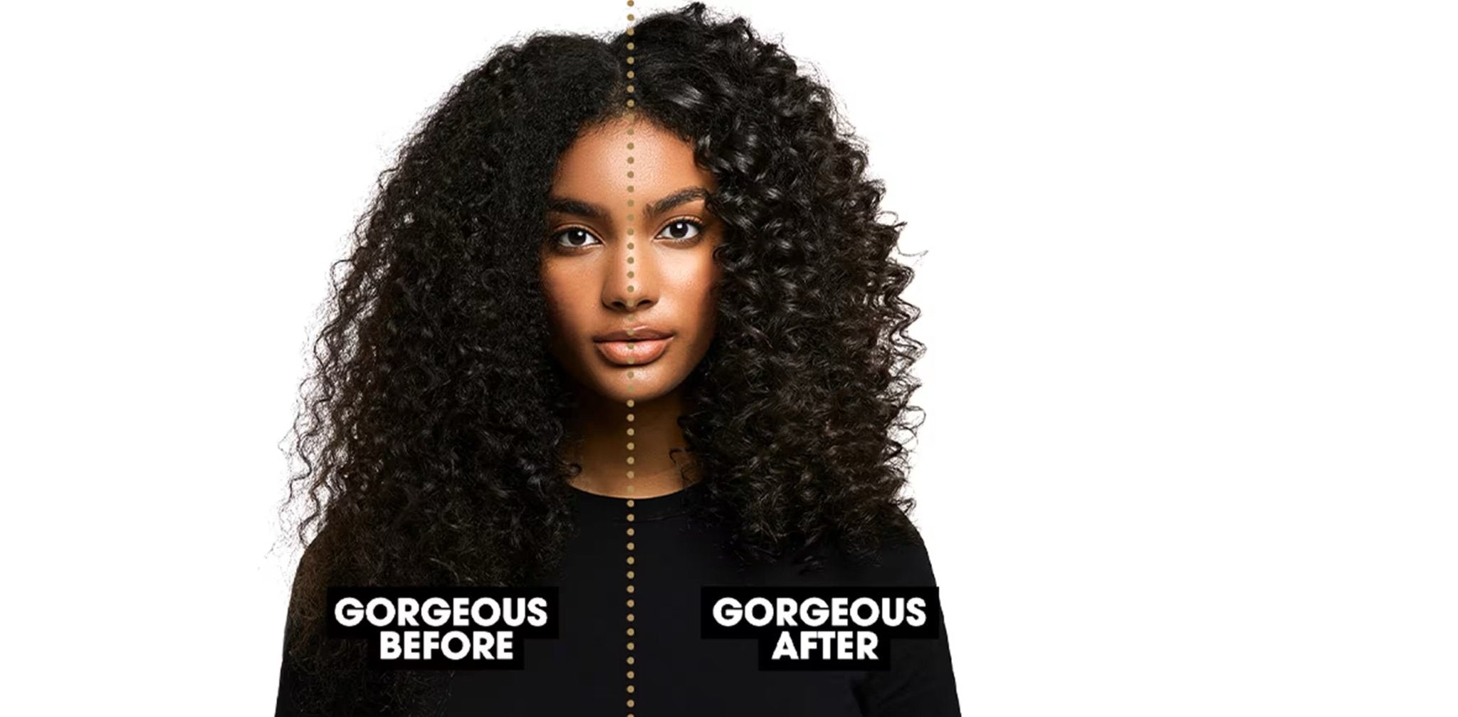 A woman with long, curly hair is shown against a white background. A split image labeled "Gorgeous Before" and "Gorgeous After" highlights her defined curls created with the GHD Thin Wand 0.5" Curling Wand in Black by GHD.