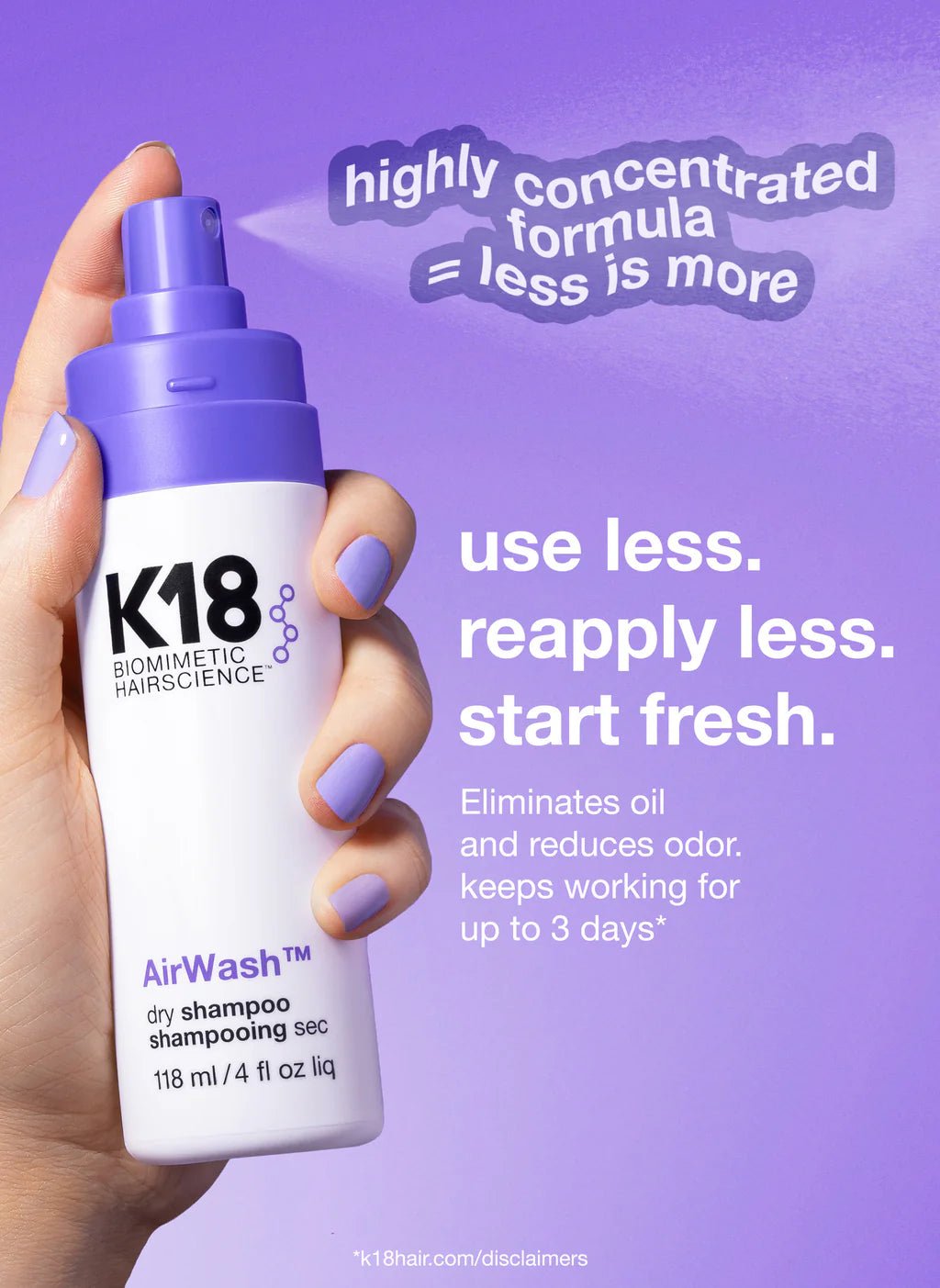 A hand with purple nail polish holds a K18 AirWash Dry Shampoo bottle by K18 Hair Repair against a purple background, featuring text about its concentrated formula, odorBIND™ biotechnology, and benefits.