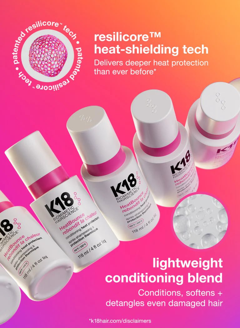 K18 hair care products with resillicore heat-shielding technology on a pink background