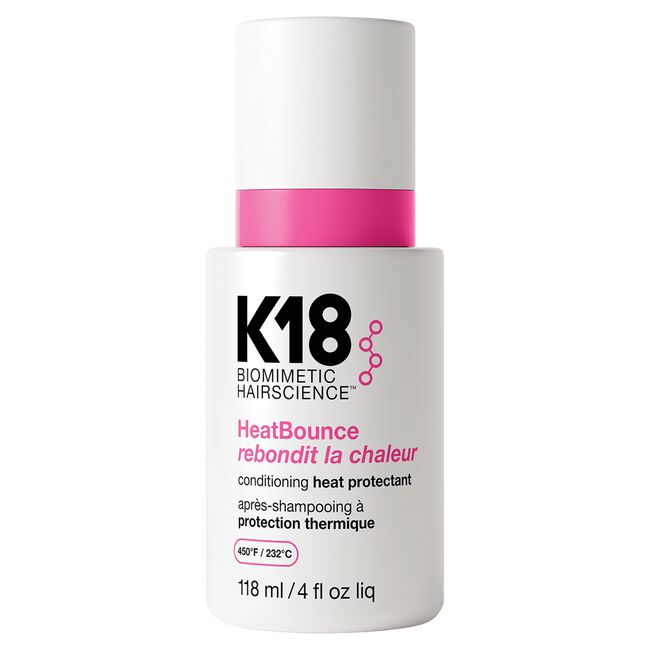 K18 HeatBounce conditioning heat protectant bottle on a white background