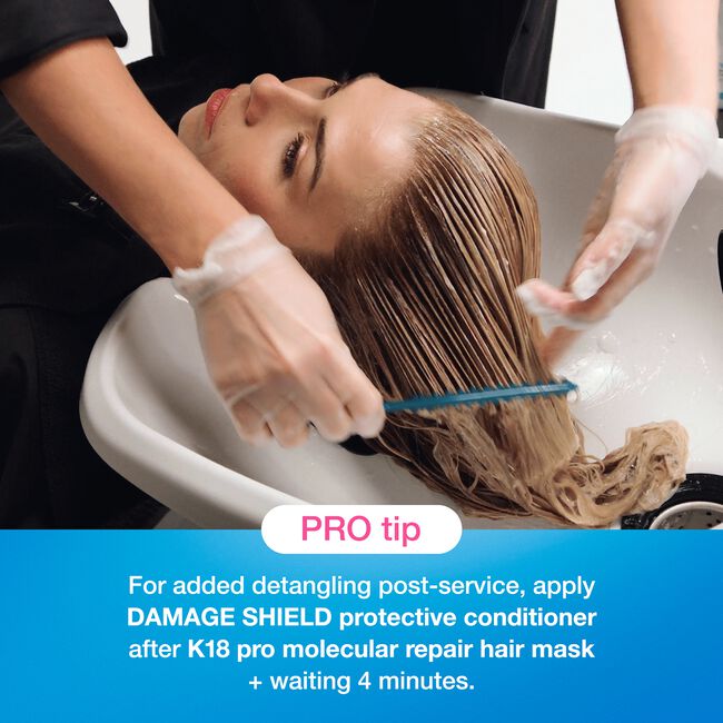 Woman getting hair treatment with text about Damage Shield protective conditioner.