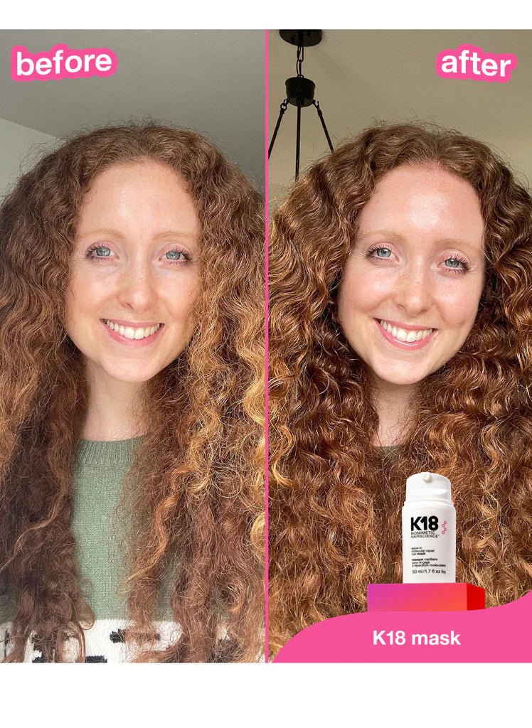 Before and after comparison of a woman with curly hair using K18 mask.