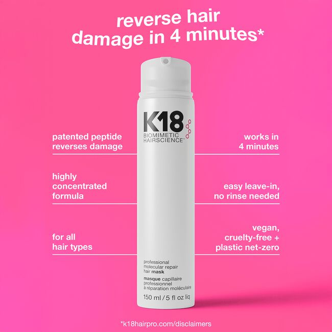 K18 hair product bottle on a pink background with text about hair care benefits.